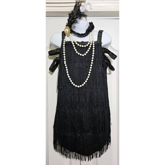 Girls Roaring 20s Flapper Costume 4-6 Dress Feather Headband Pearl Necklace 1920